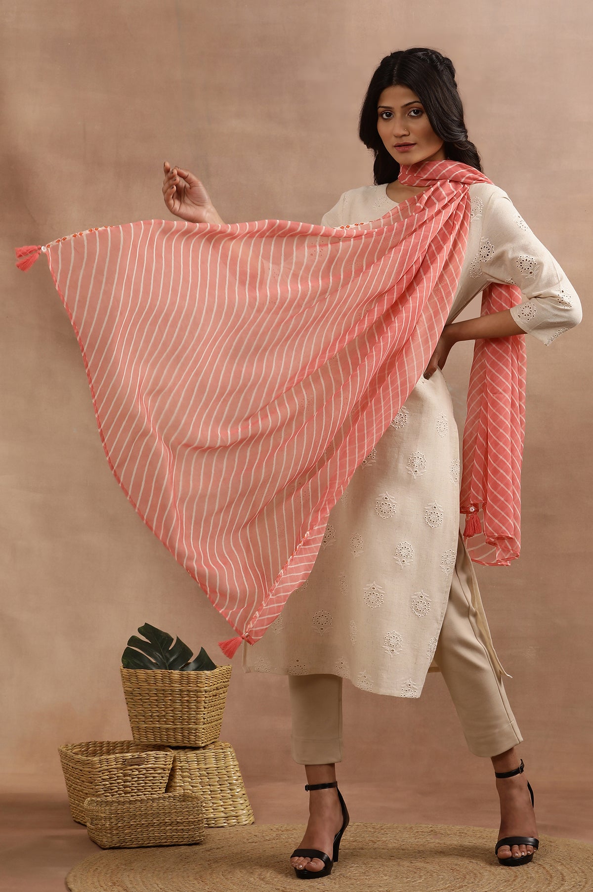 Coral Pink Chiffon Dupatta With Lehariya Stripe Print - FS