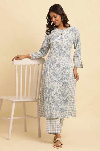 Blue And White Checker Printed Kurta And Pants Set