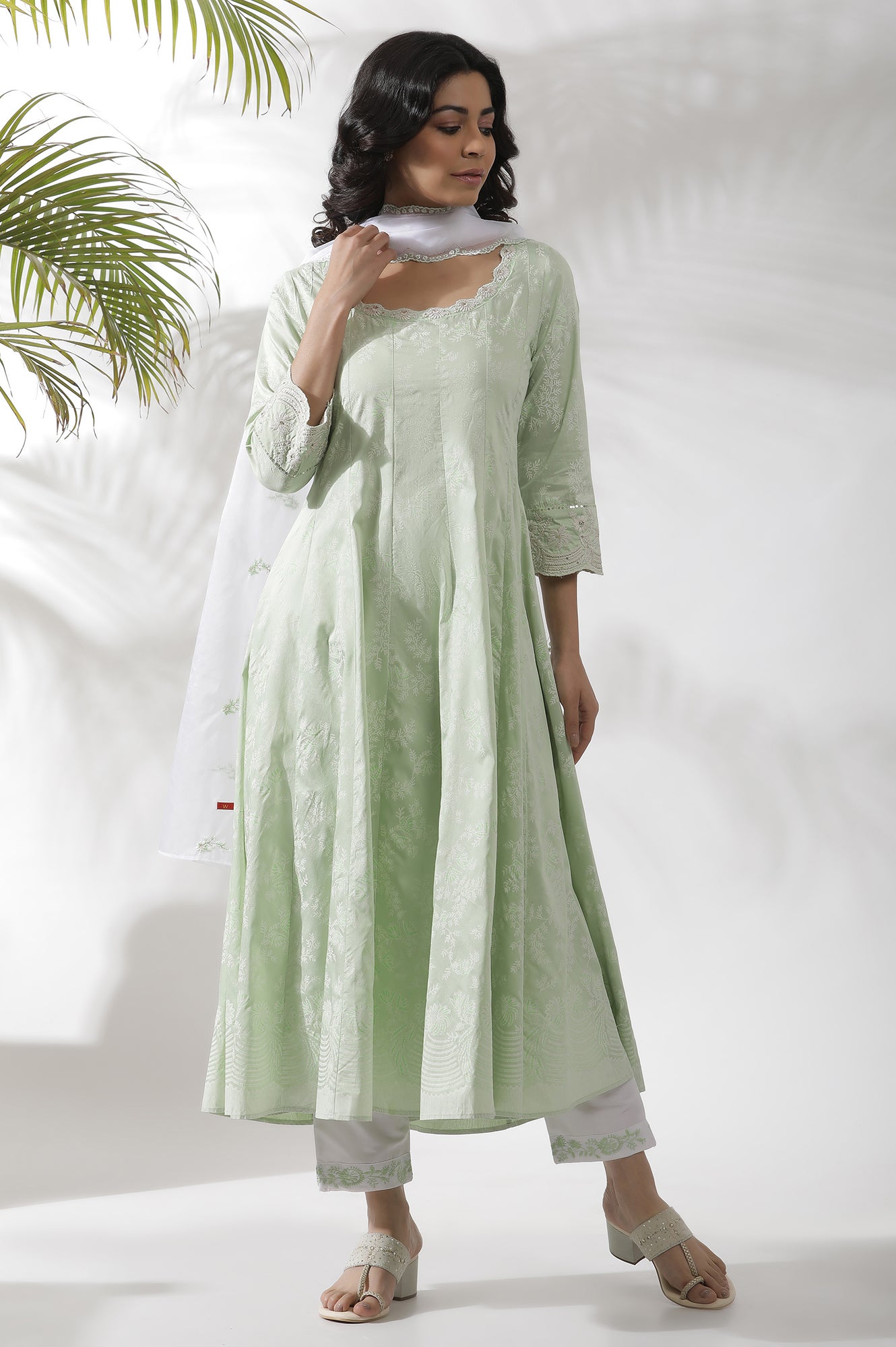 Light Green Embroidered Panelled Kurta, Pants And Dupatta Set