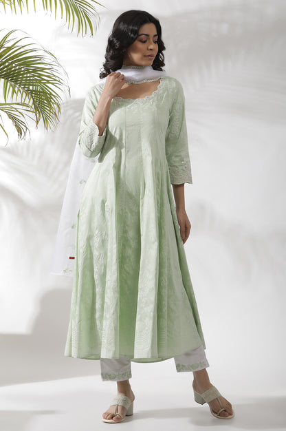 Light Green Embroidered Panelled Kurta, Pants And Dupatta Set