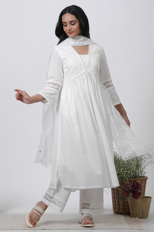 White Embellished Kurta, Pants and Dupatta Set