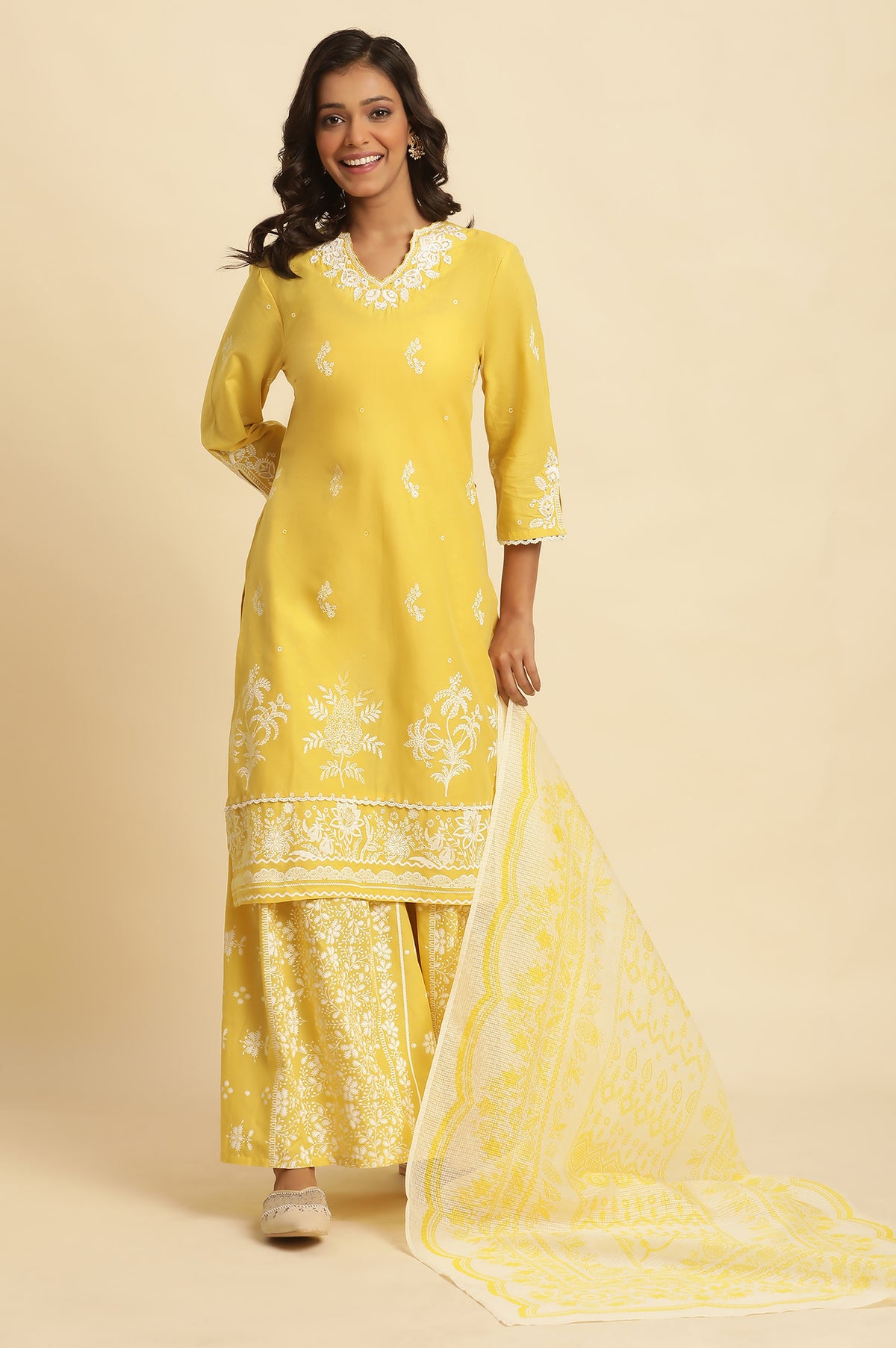 Yellow Chikankari Embroidered Kurta, Sharara And Dupatta Set