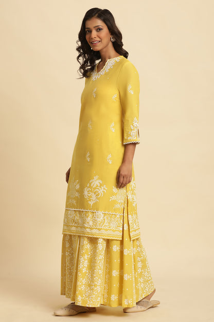 Yellow Chikankari Embroidered Kurta, Sharara And Dupatta Set