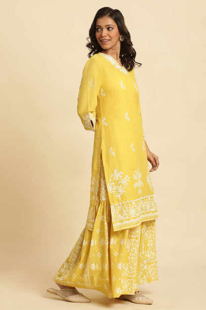 Yellow Chikankari Embroidered Kurta, Sharara And Dupatta Set