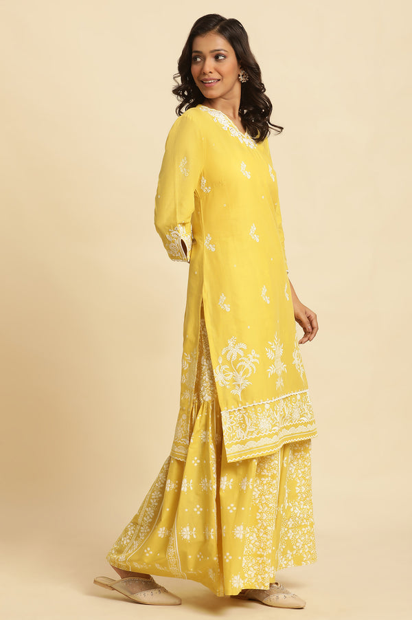 Yellow Chikankari Embroidered Kurta, Sharara And Dupatta Set