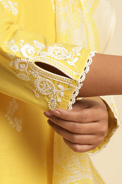 Yellow Chikankari Embroidered Kurta, Sharara And Dupatta Set