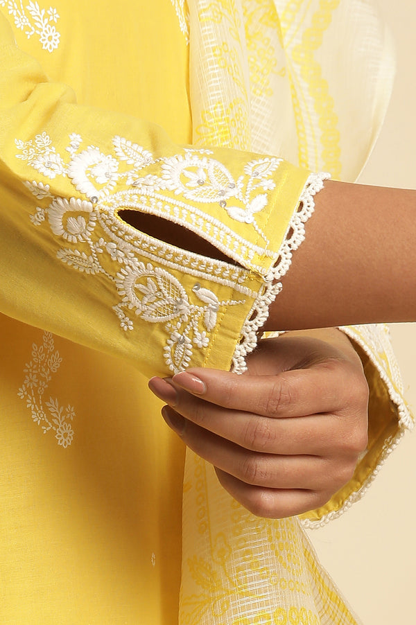 Yellow Chikankari Embroidered Kurta, Sharara And Dupatta Set