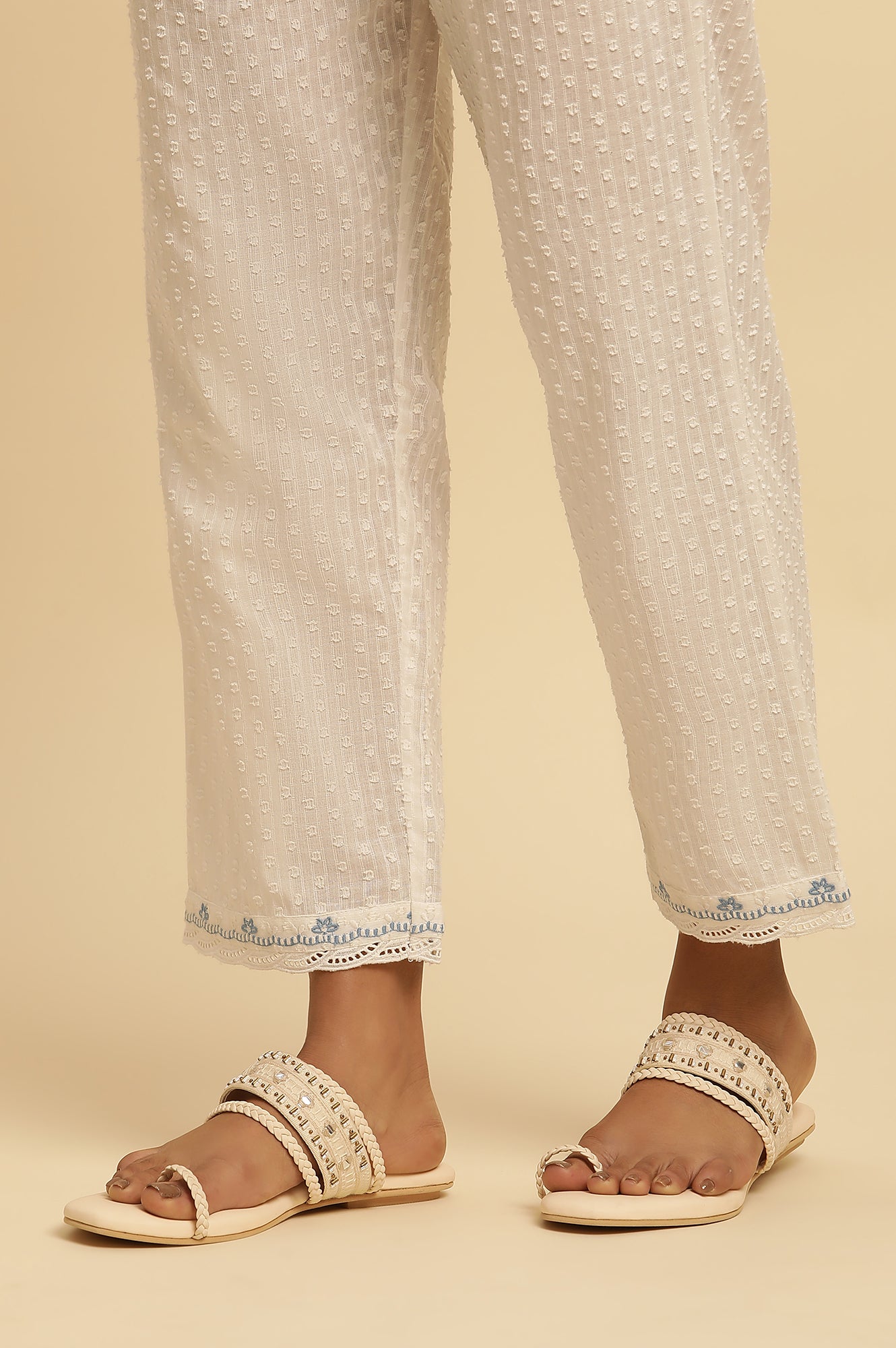 White Cotton Textured Kurta, Pants And Dupatta Set