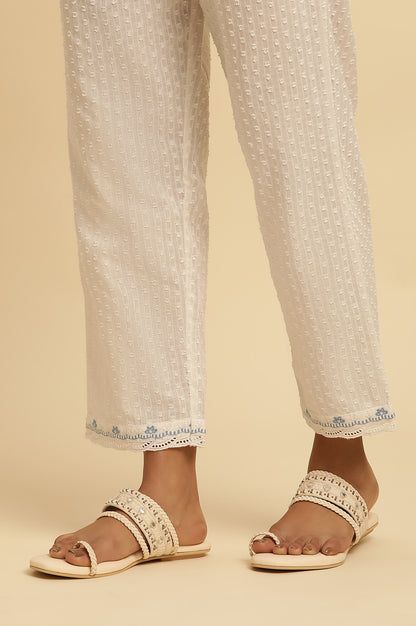 White Cotton Textured Kurta, Pants And Dupatta Set