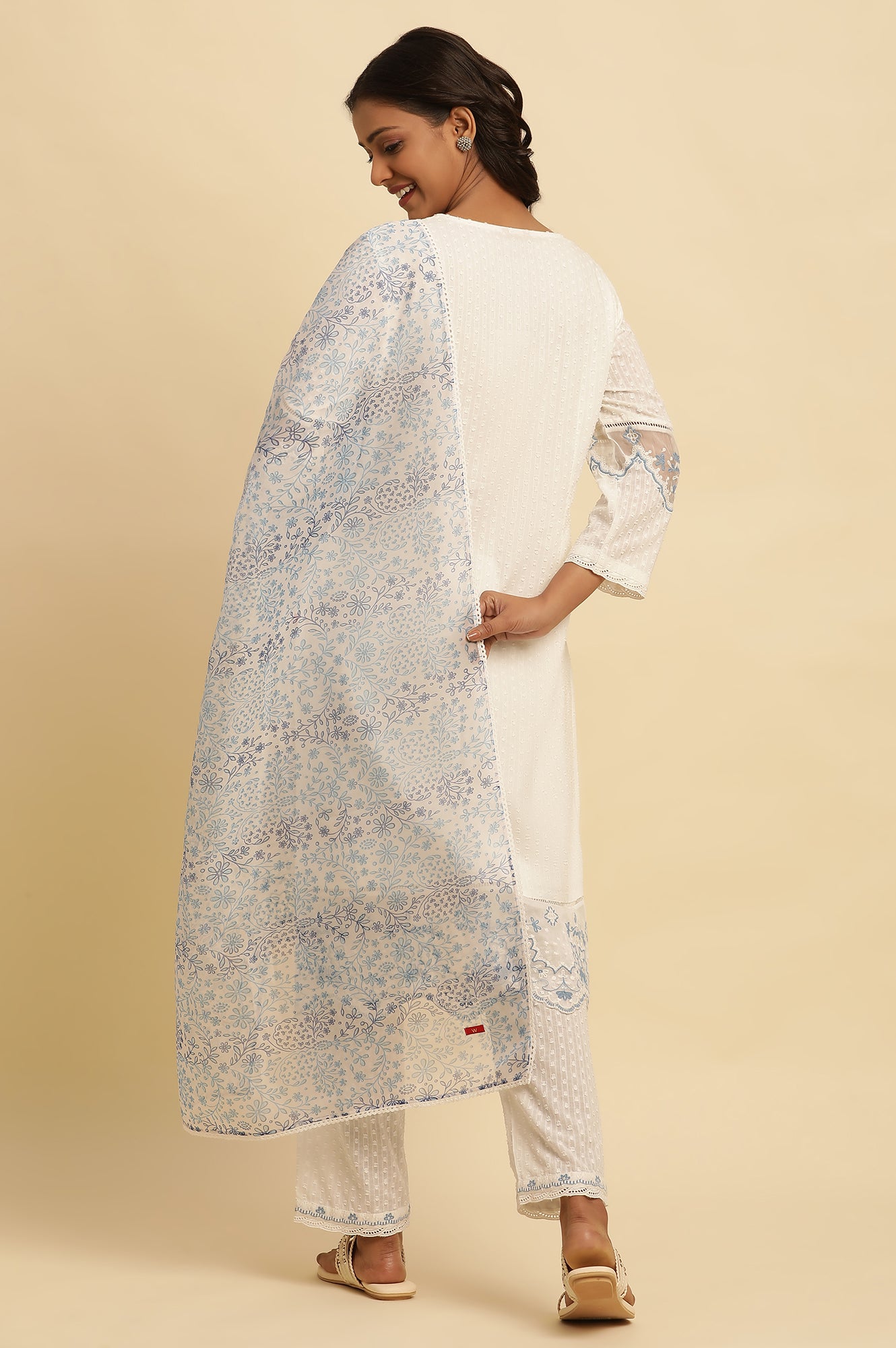 White Cotton Textured Kurta, Pants And Dupatta Set