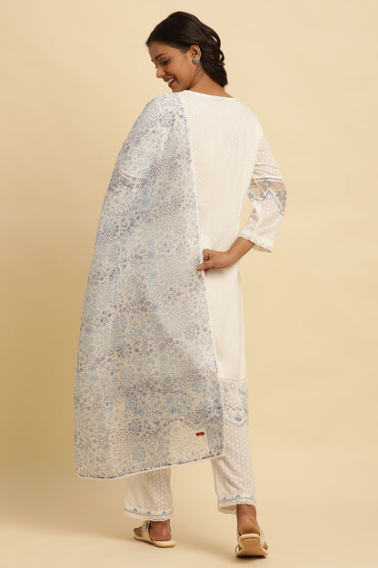White Cotton Textured Kurta, Pants And Dupatta Set
