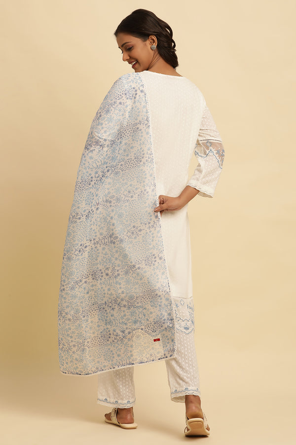 White Cotton Textured Kurta, Pants And Dupatta Set
