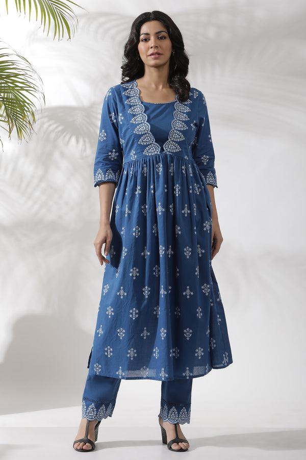 Blue Floral Printed Kurta and Pants Set