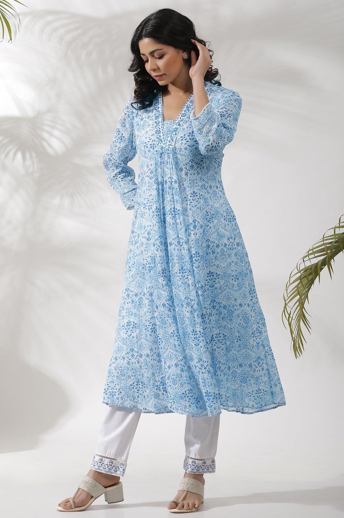 White and Blue Printed Kurta and Pants Set