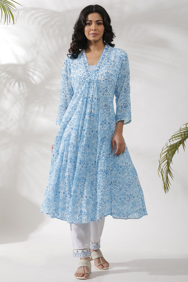 White and Blue Printed Kurta and Pants Set