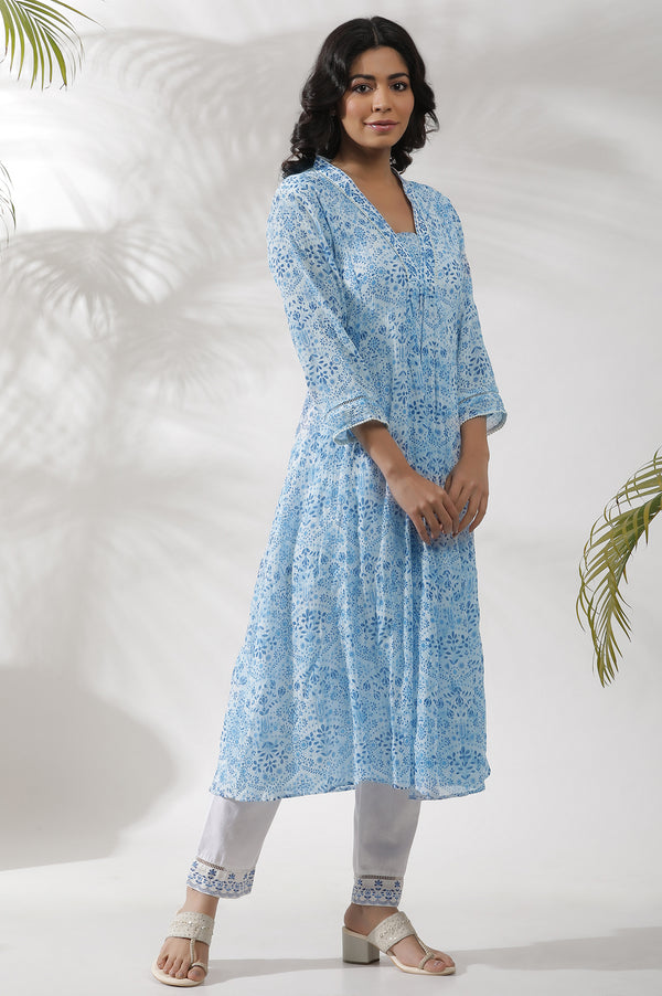 White and Blue Printed Kurta and Pants Set