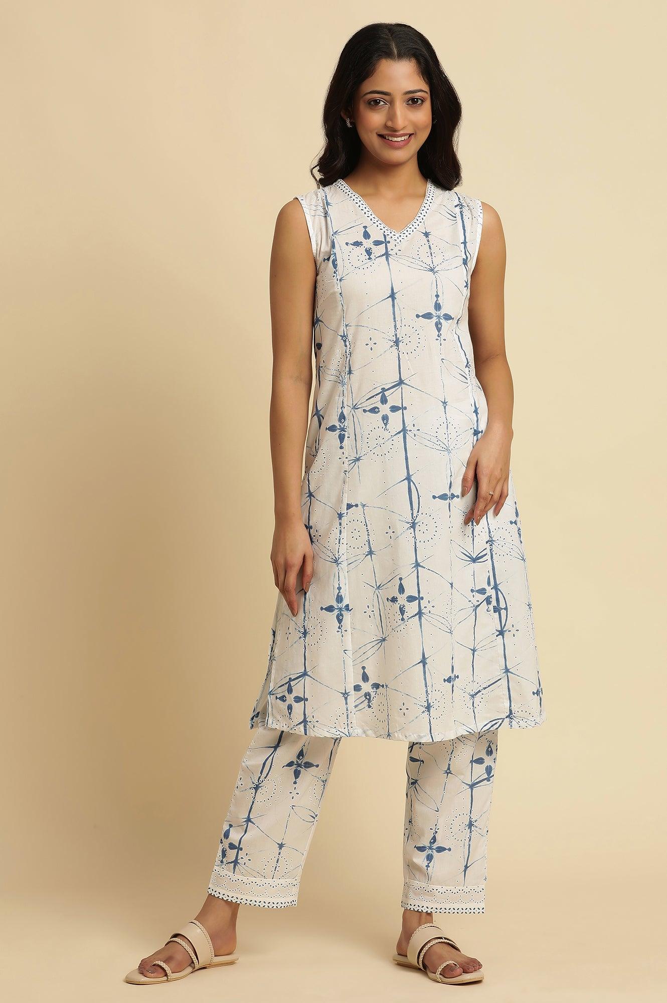 White Sleeveless Tie-Dye Kurta And Pants Set - wforwoman