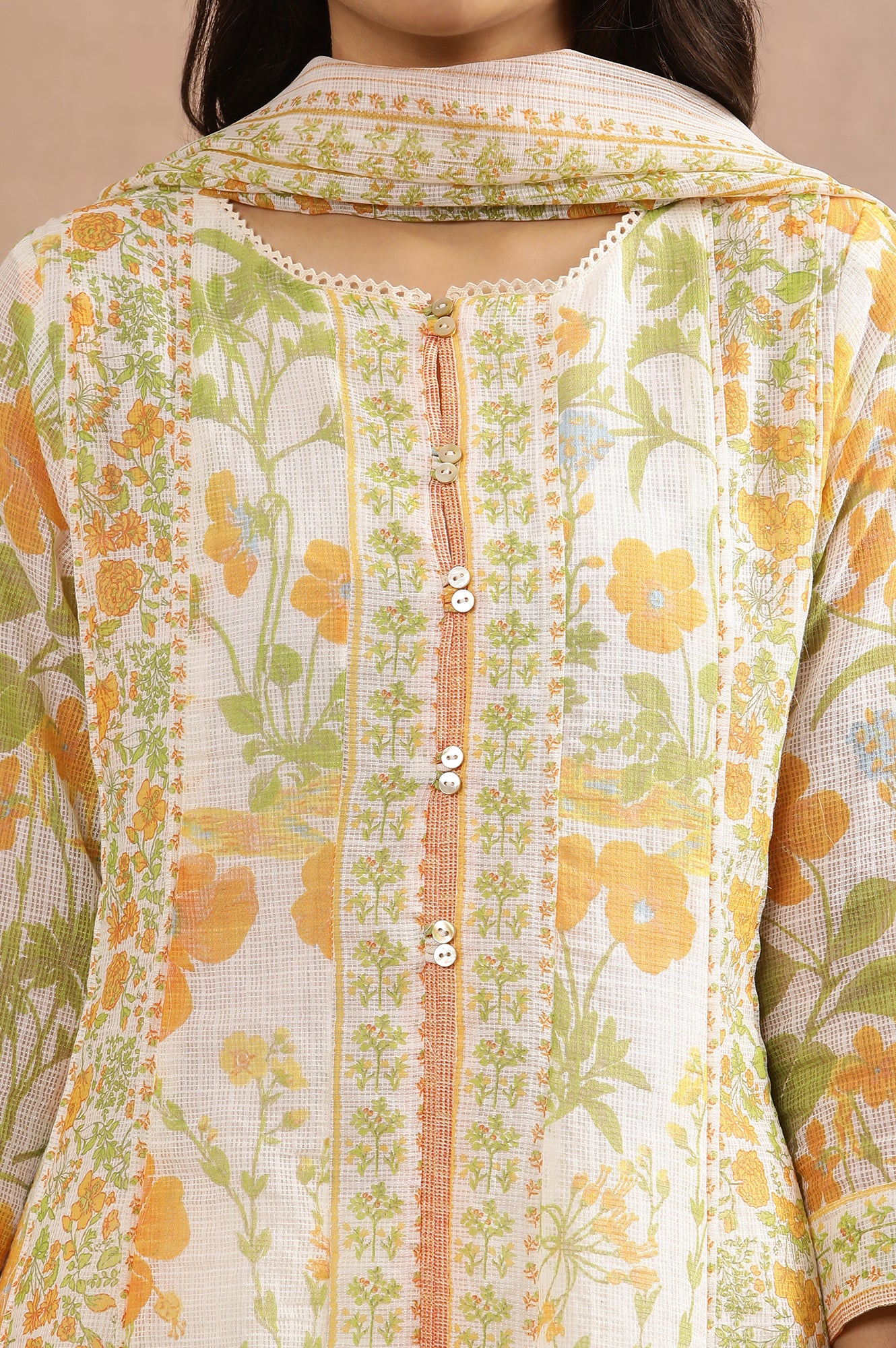 White Multi-Coloured Floral Printed Panelled Kurta, Pants And Dupatta Set