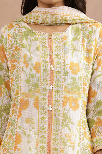 White Multi-Coloured Floral Printed Panelled Kurta, Pants And Dupatta Set