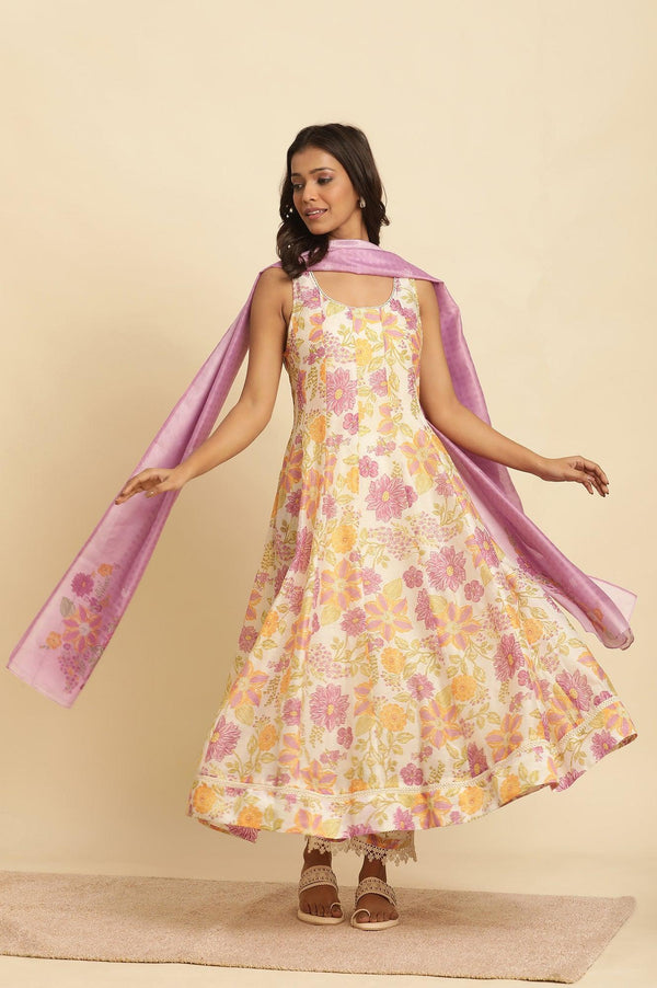 White Sleeveless Printed Flared Kurta, Pants And Dupatta Set