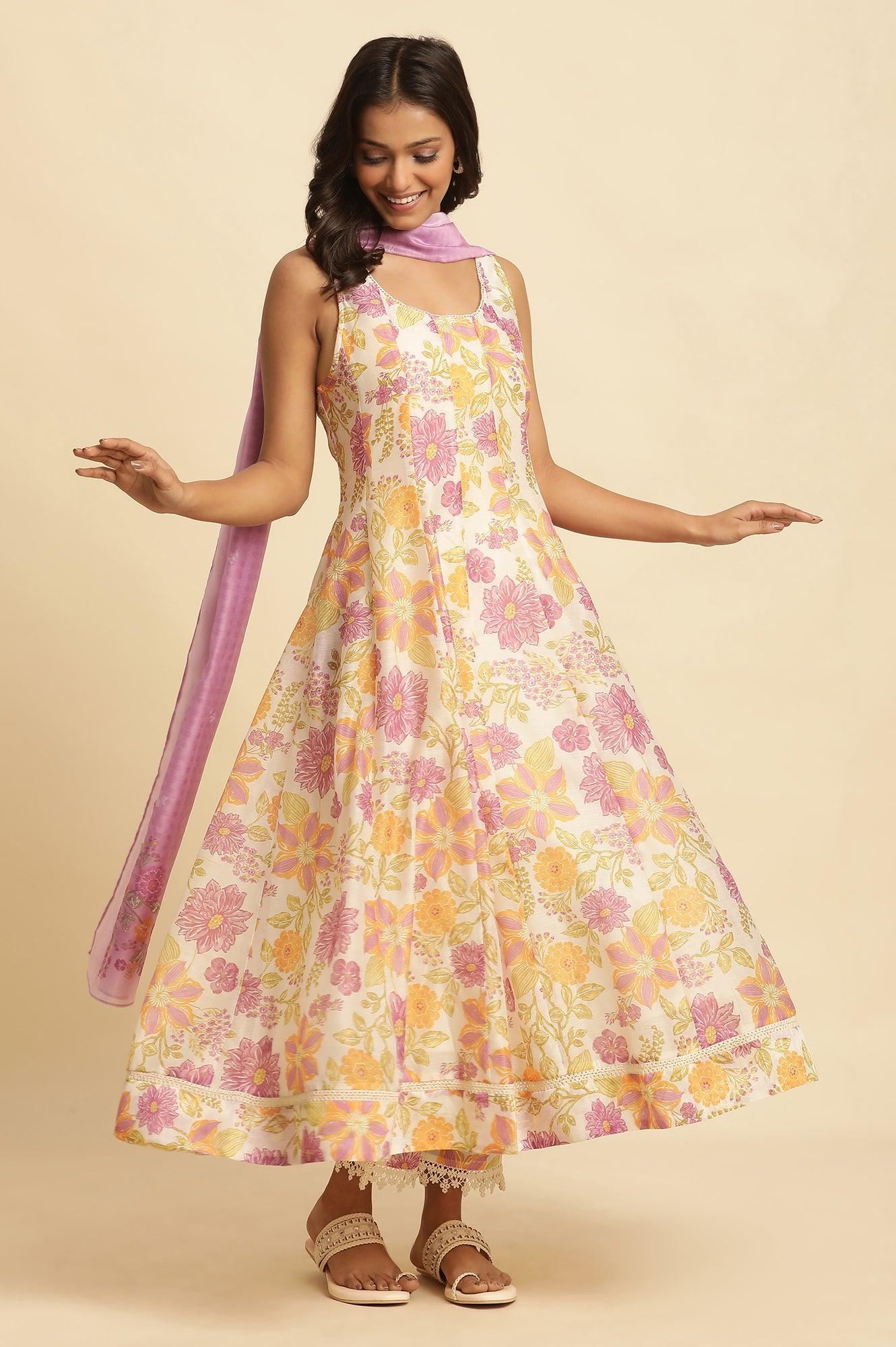 White Sleeveless Printed Flared Kurta, Pants And Dupatta Set - wforwoman