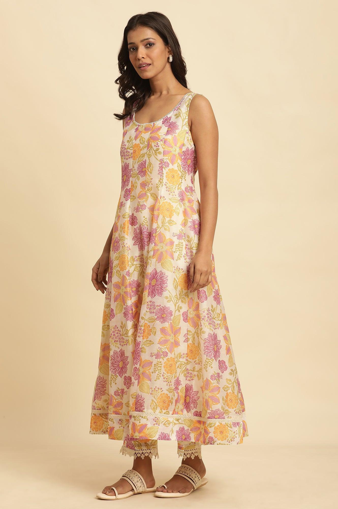 White Sleeveless Printed Flared Kurta, Pants And Dupatta Set - wforwoman