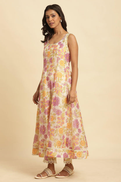 White Sleeveless Printed Flared Kurta, Pants And Dupatta Set - wforwoman