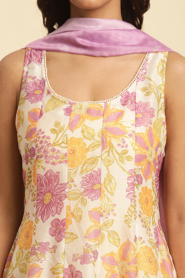 White Sleeveless Printed Flared Kurta, Pants And Dupatta Set