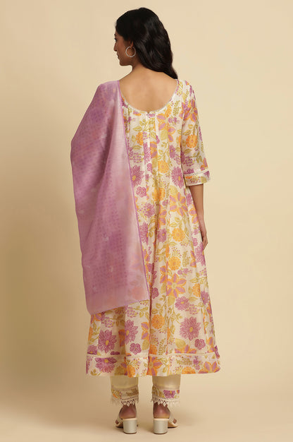 Cream Floral Printed Panelled Kurta, Pants And Dupatta Set