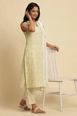 Yellow And Ecru A-Line Printed Kurta, Pants And Dupatta Set