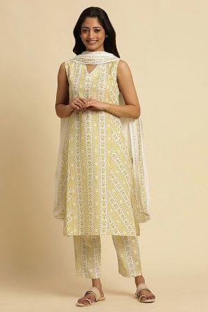 Yellow And Ecru A-Line Printed Kurta, Pants And Dupatta Set