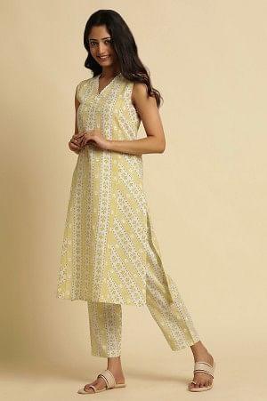 Yellow And Ecru A-Line Printed Kurta, Pants And Dupatta Set - wforwoman