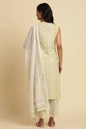 Yellow And Ecru A-Line Printed Kurta, Pants And Dupatta Set - wforwoman