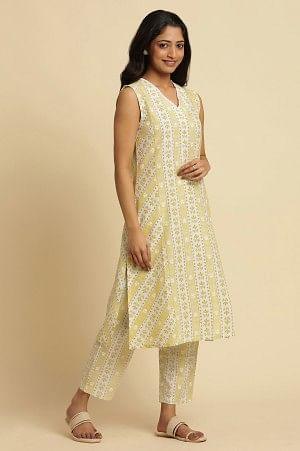 Yellow And Ecru A-Line Printed Kurta, Pants And Dupatta Set