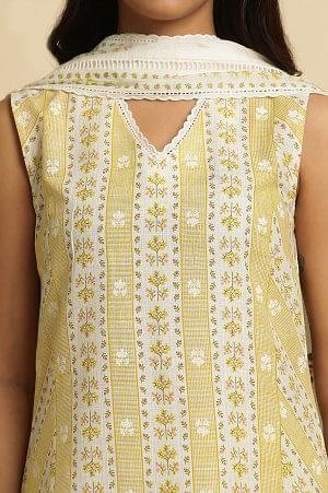 Yellow And Ecru A-Line Printed Kurta, Pants And Dupatta Set