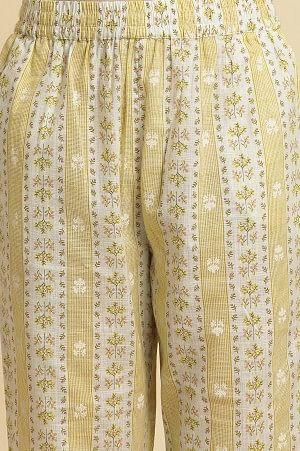 Yellow And Ecru A-Line Printed Kurta, Pants And Dupatta Set