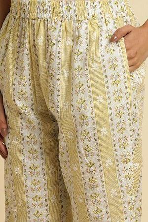 Yellow And Ecru A-Line Printed Kurta, Pants And Dupatta Set