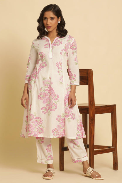 White Flared Floral Printed Kurta And Pants Set - wforwoman