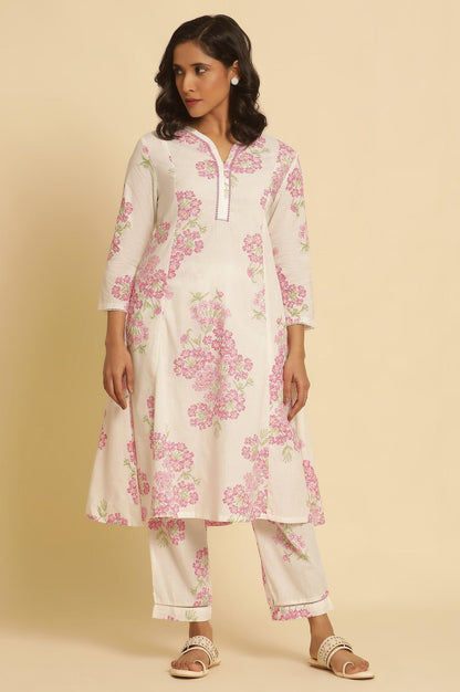 White Flared Floral Printed Kurta And Pants Set - wforwoman