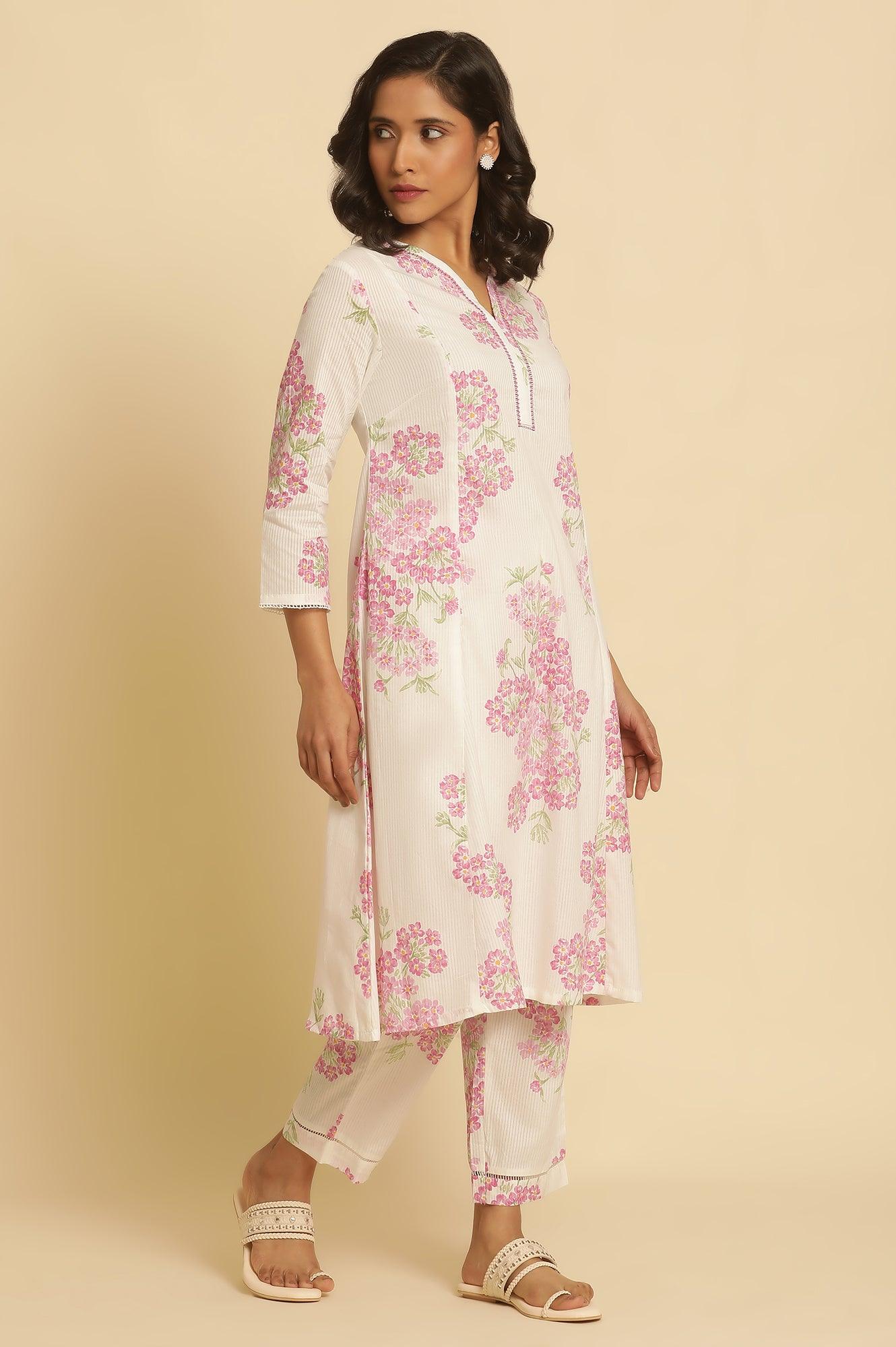 White Flared Floral Printed Kurta And Pants Set - wforwoman