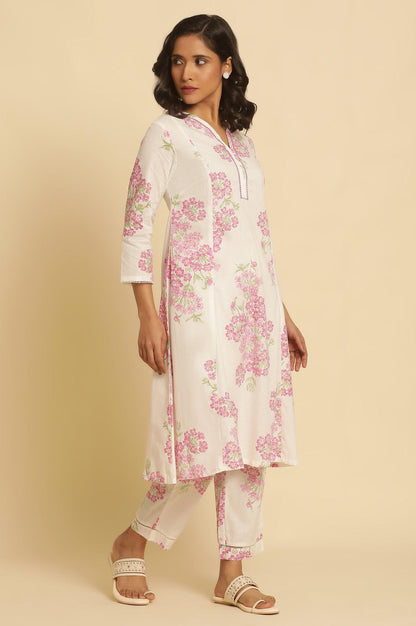 White Flared Floral Printed Kurta And Pants Set - wforwoman