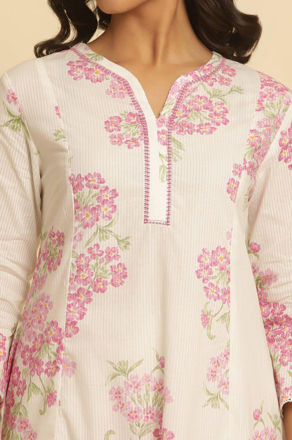 White Flared Floral Printed Kurta And Pants Set - wforwoman