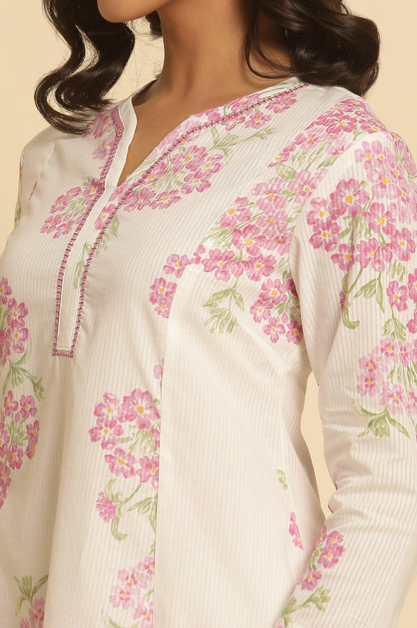 White Flared Floral Printed Kurta And Pants Set