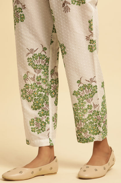White Floral Printed Textured Cotton Kurta And Pants Co-Ord Set