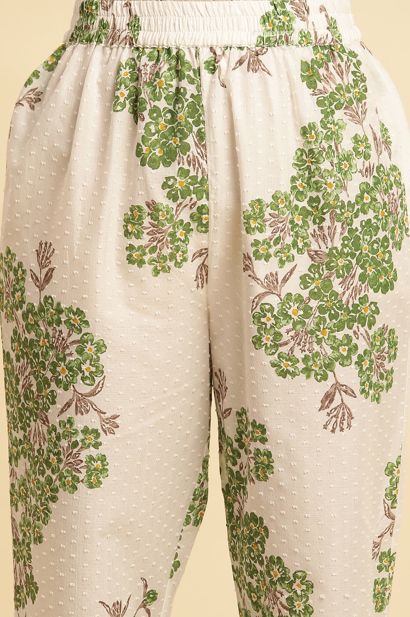 White Floral Printed Textured Cotton Kurta And Pants Co-Ord Set