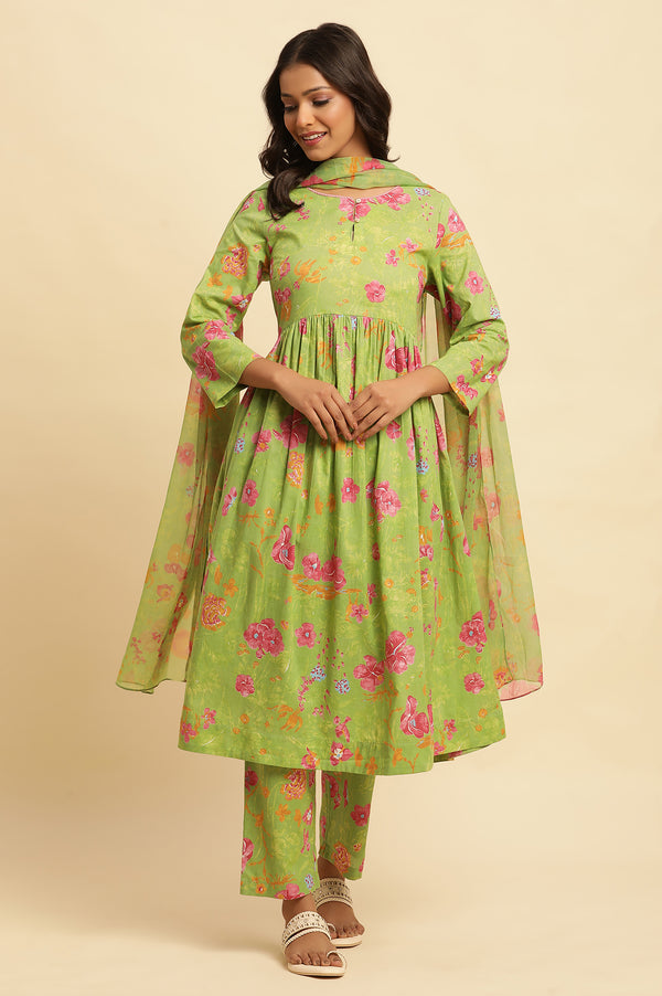 Green Floral Printed Kurta, Pants and Dupatta Set