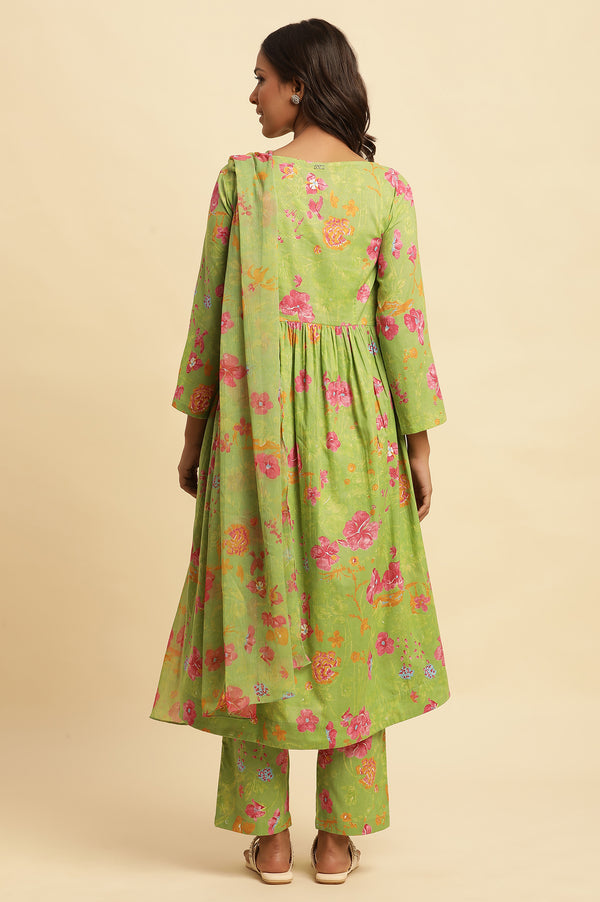 Green Floral Printed Kurta, Pants and Dupatta Set