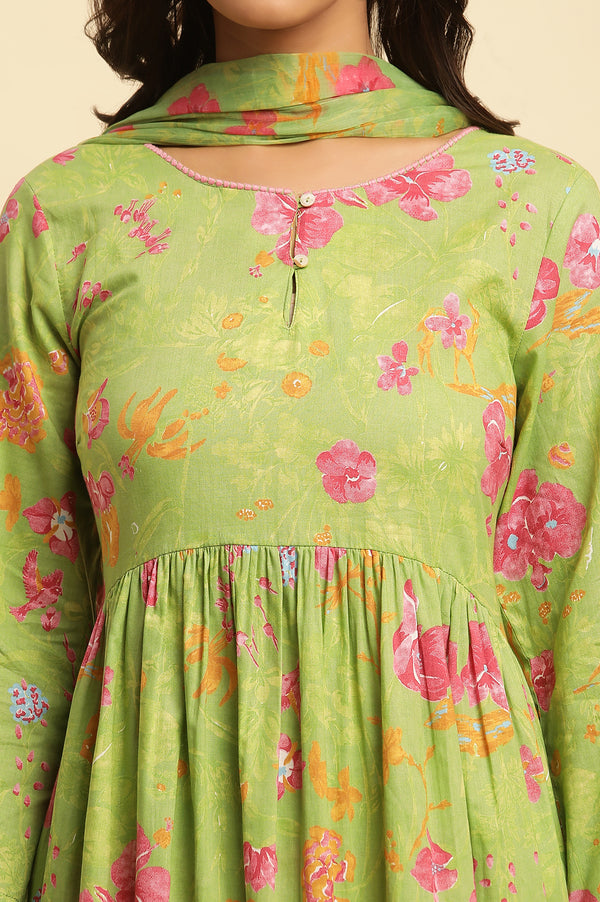 Green Floral Printed Kurta, Pants and Dupatta Set