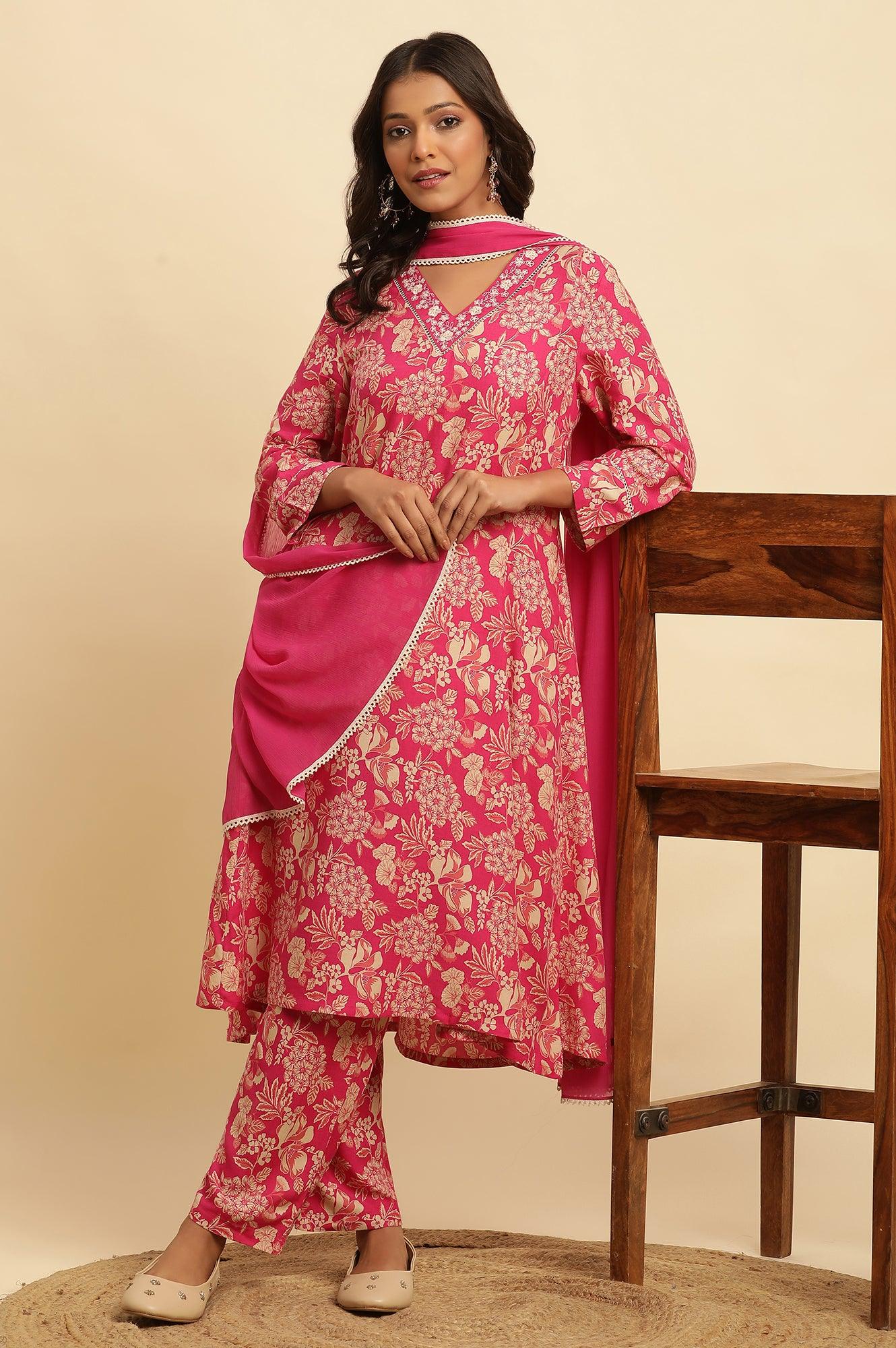 Pink Floral Printed A-Line Kurta, Pants And Dupatta Set - wforwoman