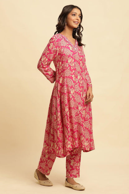 Pink Floral Printed A-Line Kurta, Pants And Dupatta Set - wforwoman